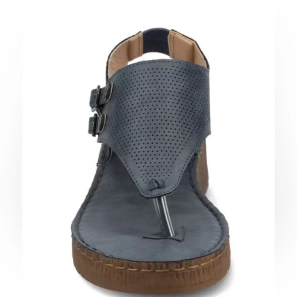 Gray and Brown Wedge Sandals with T-Strap Design​ - Picture 3 of 10